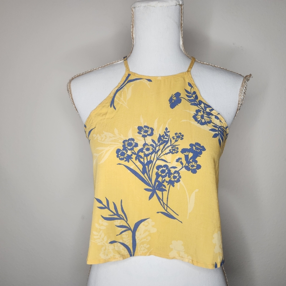 H.I.P Womens Medium Yellow Blue Floral Crop Top Criss Cross